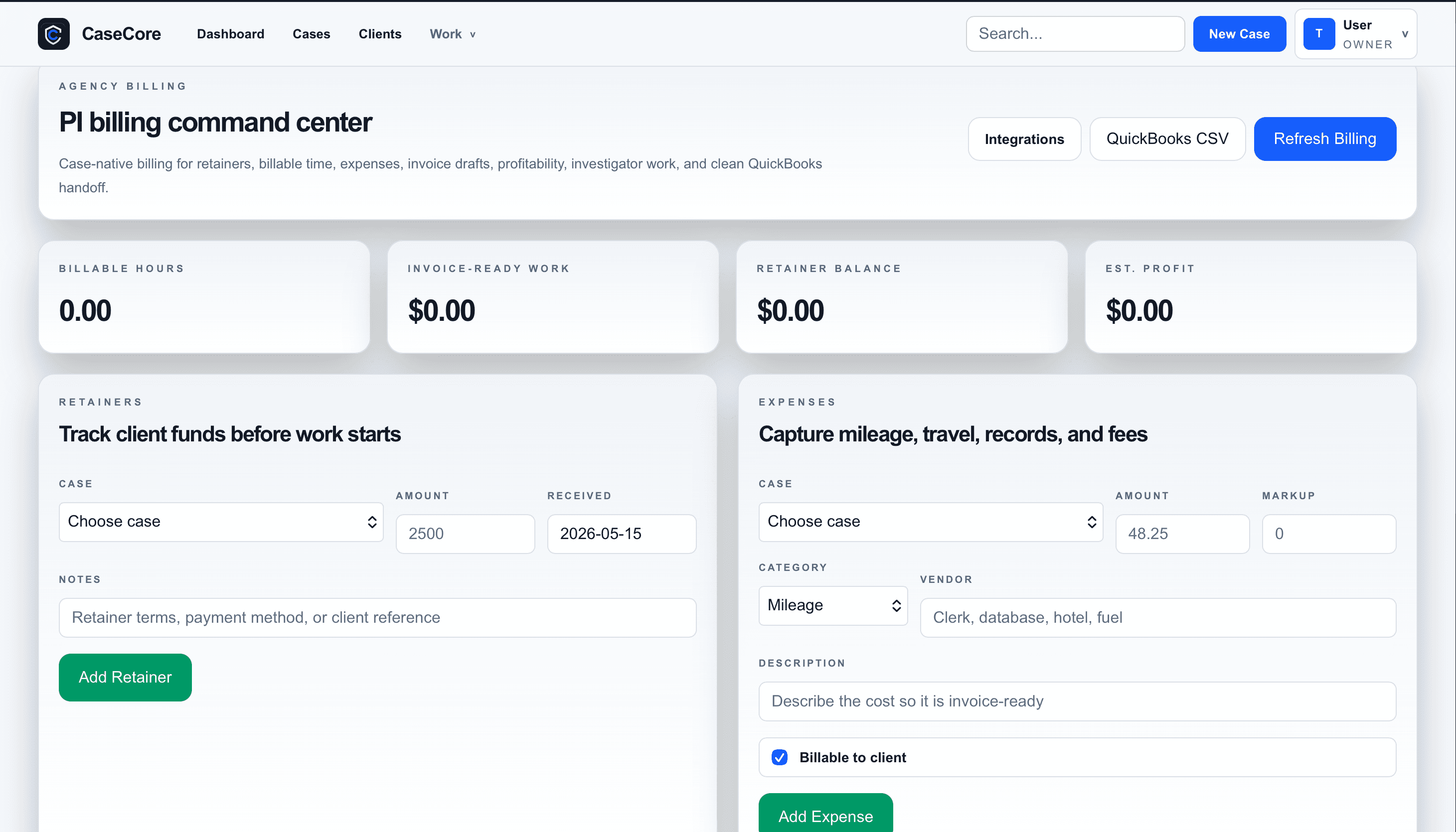 CaseCore billing command center in light mode
