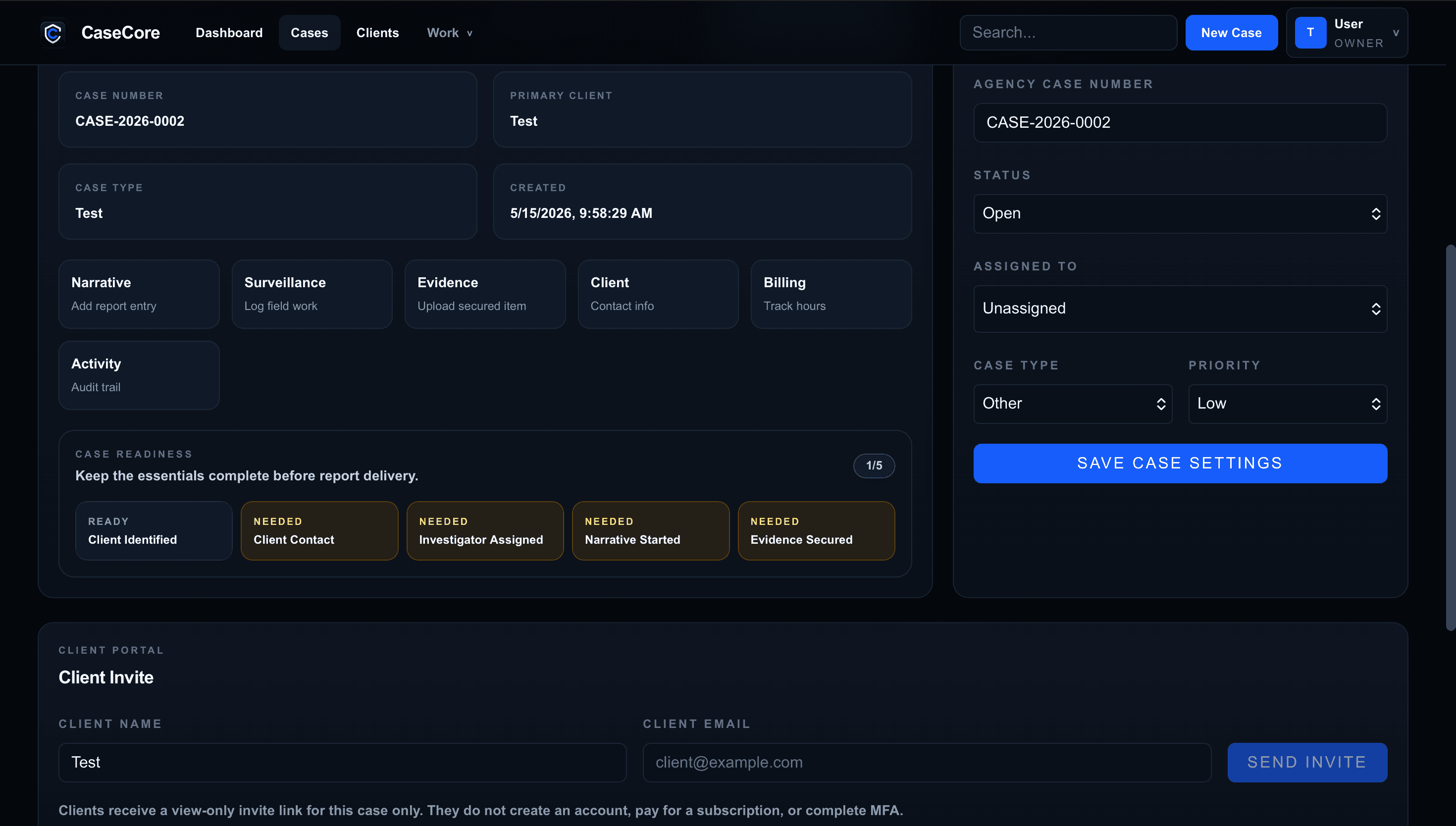 CaseCore case readiness and client invite in dark mode