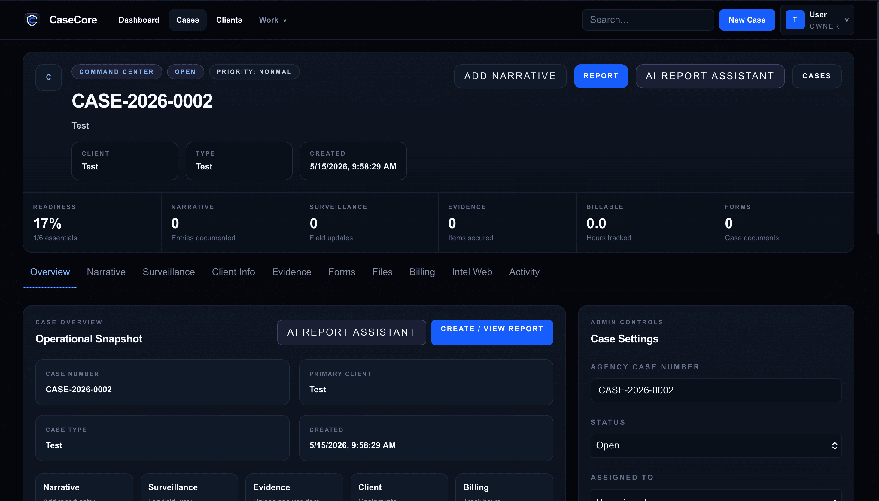 CaseCore case command center in dark mode
