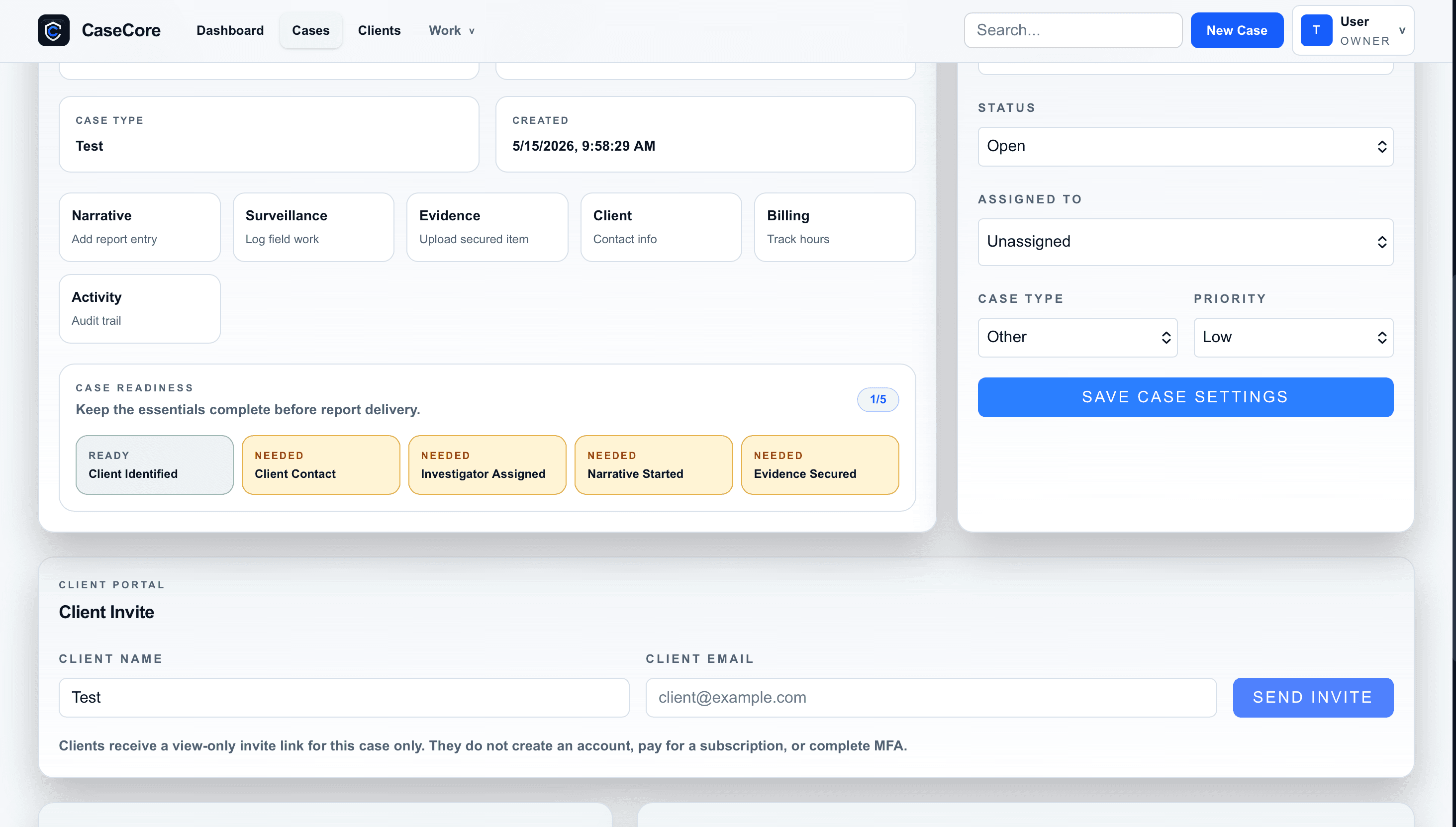 CaseCore case readiness and client invite in light mode