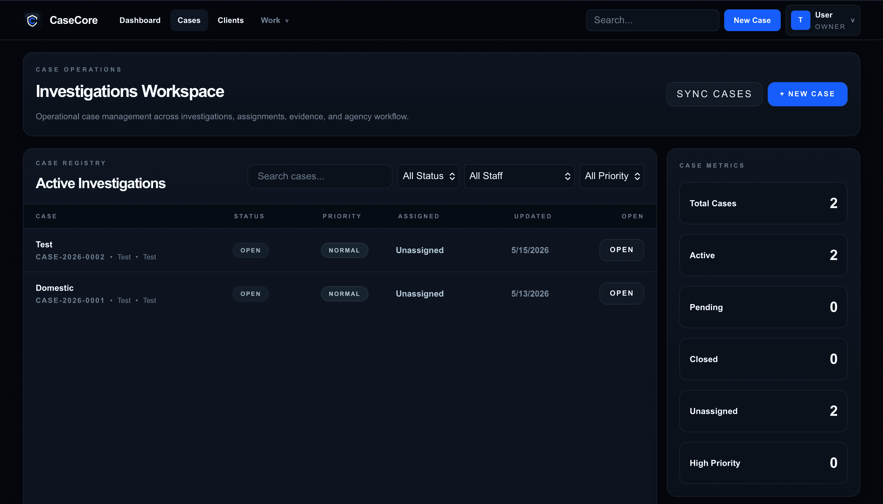 CaseCore case registry in dark mode