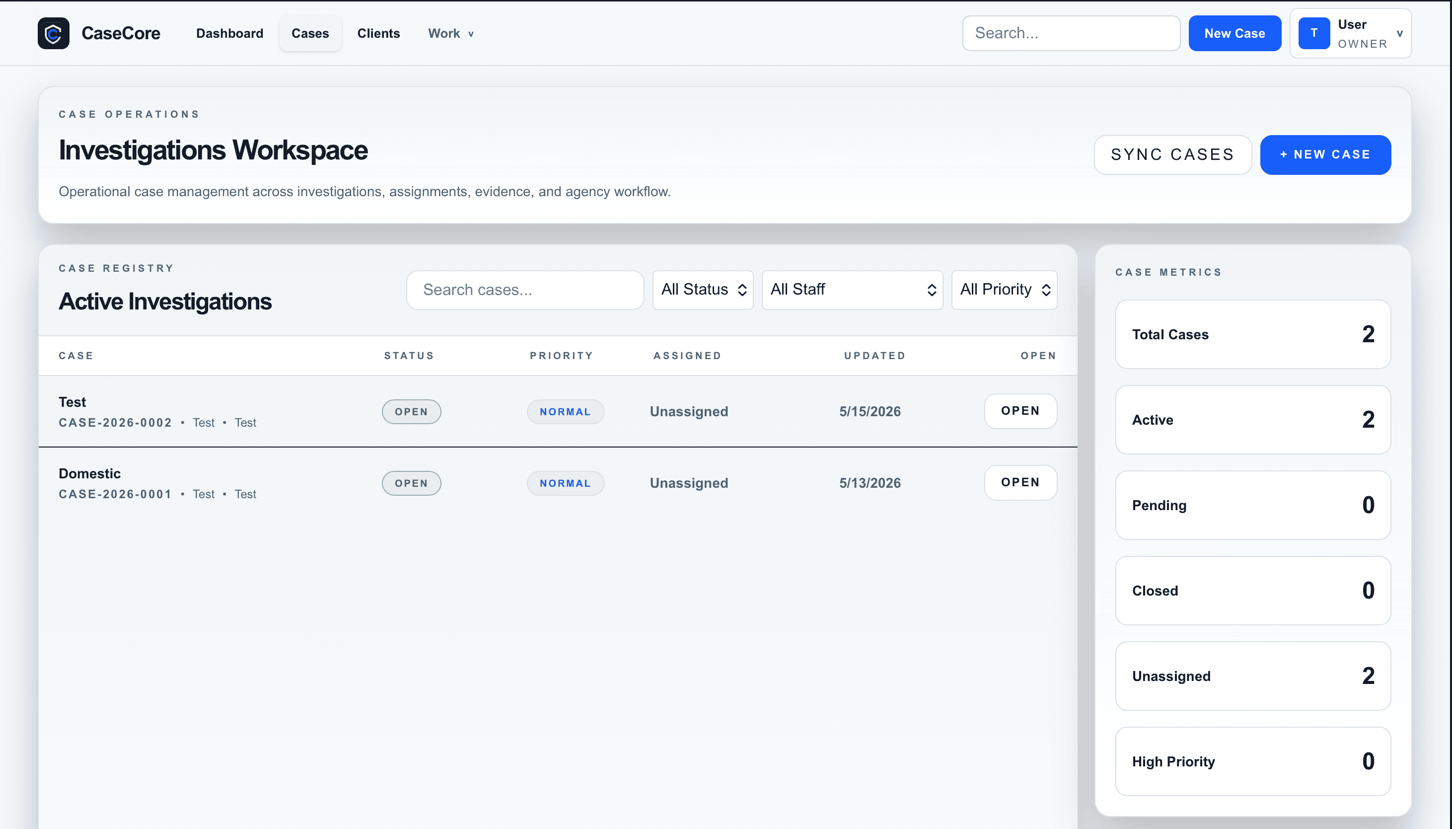 CaseCore case registry in light mode