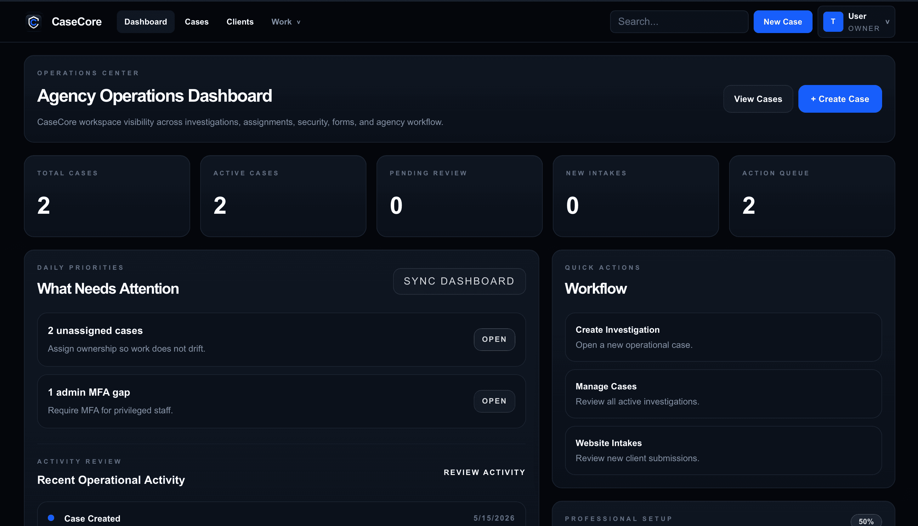 CaseCore agency operations dashboard in dark mode
