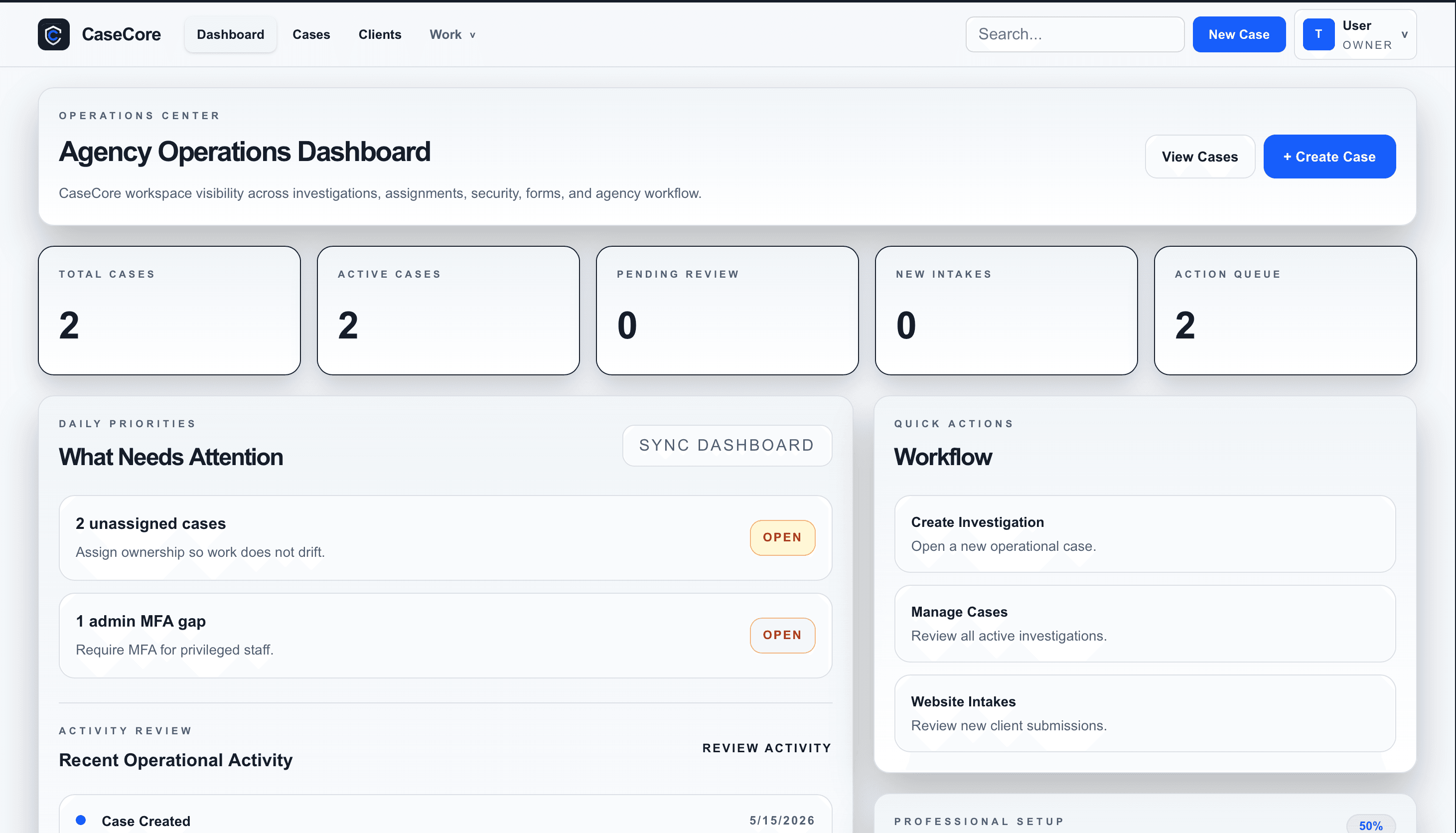 CaseCore agency operations dashboard in light mode