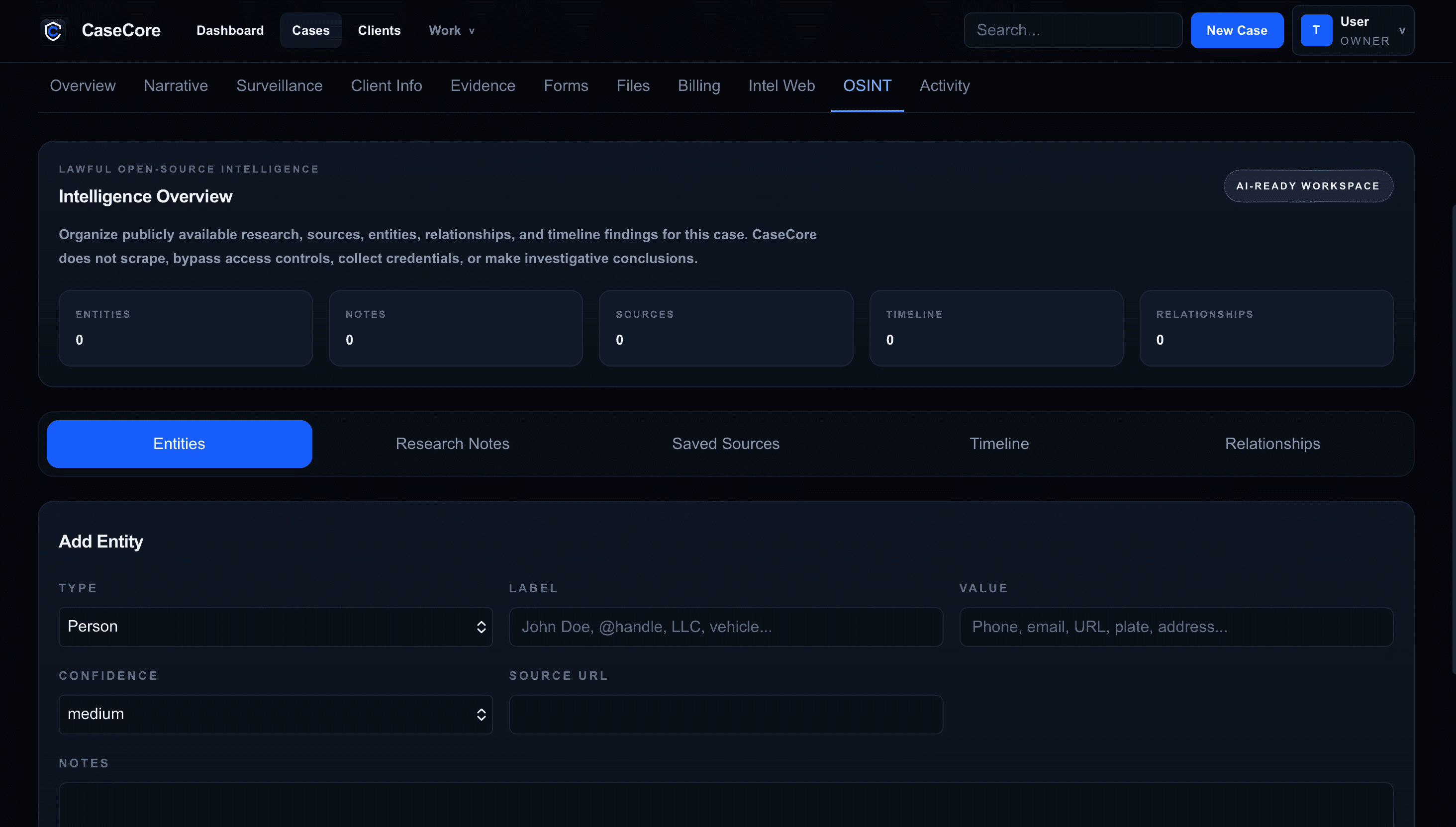 CaseCore OSINT intelligence workspace in dark mode