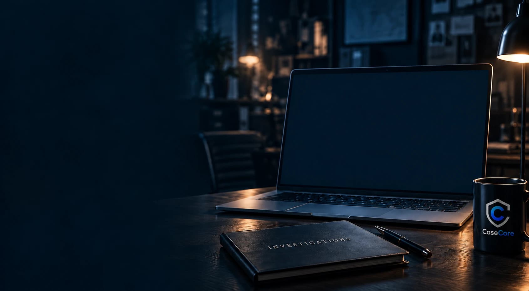 CaseCore’s full agency dashboard on a laptop, beside an Investigations notebook and CaseCore mug