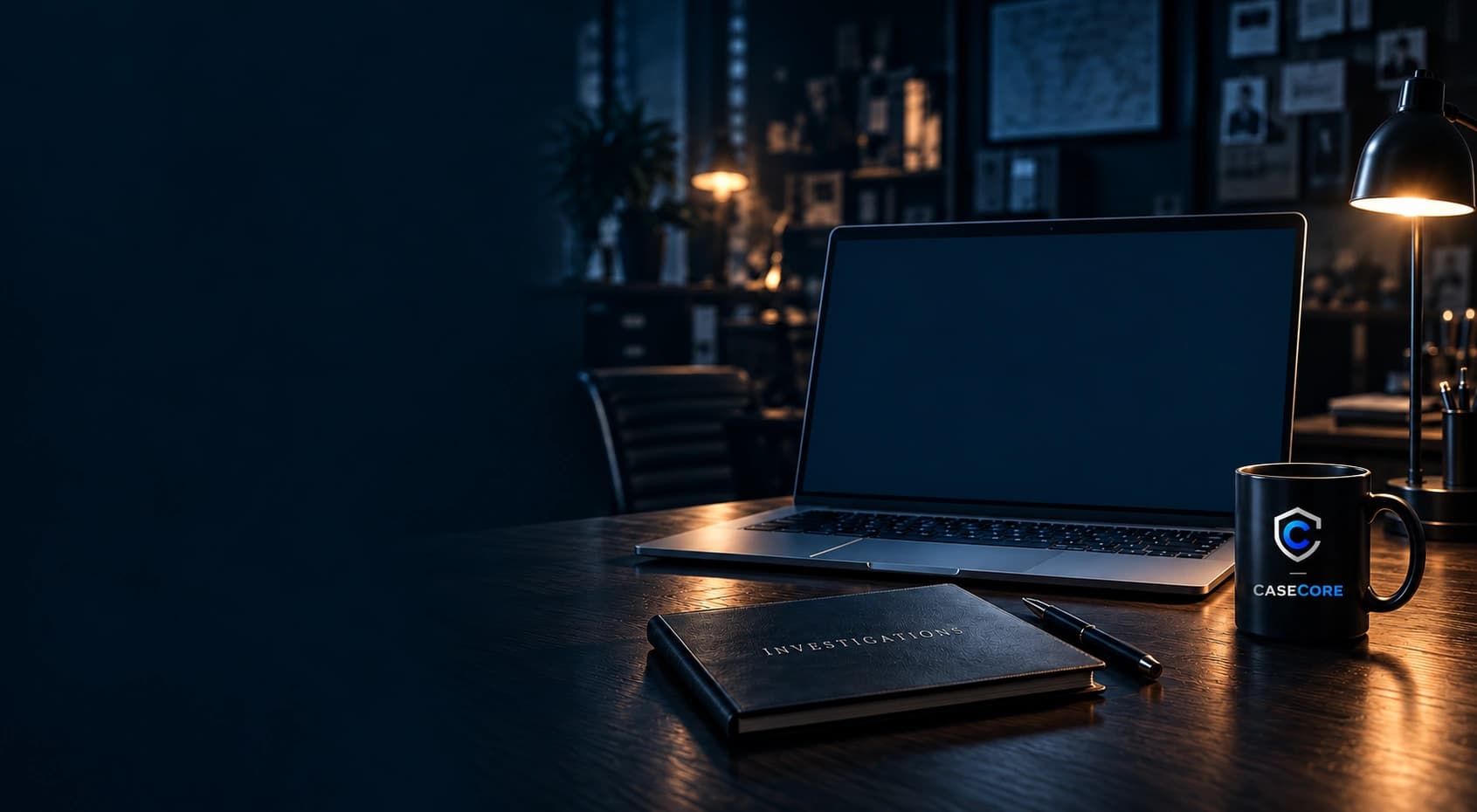 CaseCore’s full agency dashboard on a laptop, beside an Investigations notebook and CaseCore mug