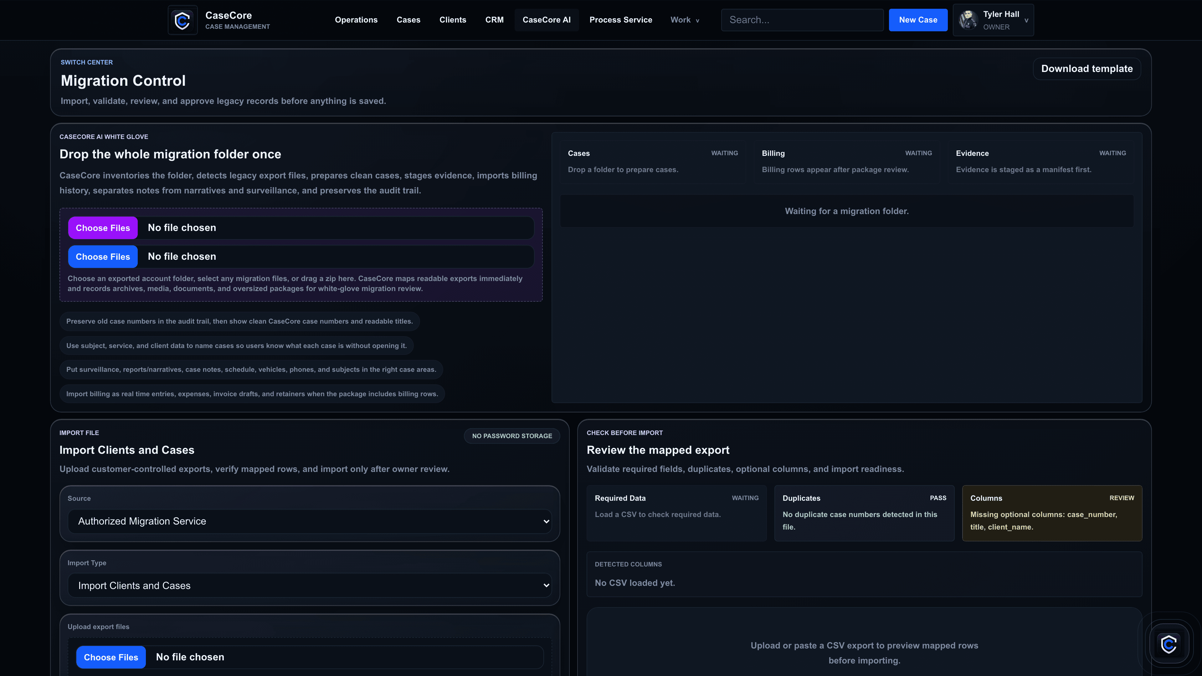 CaseCore data import workspace